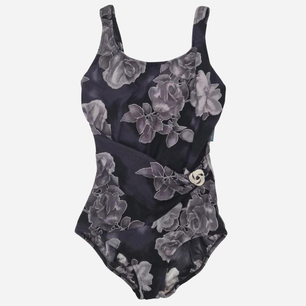 Vintage black and silver floral one piece swimsuit‎ with silver flower detail